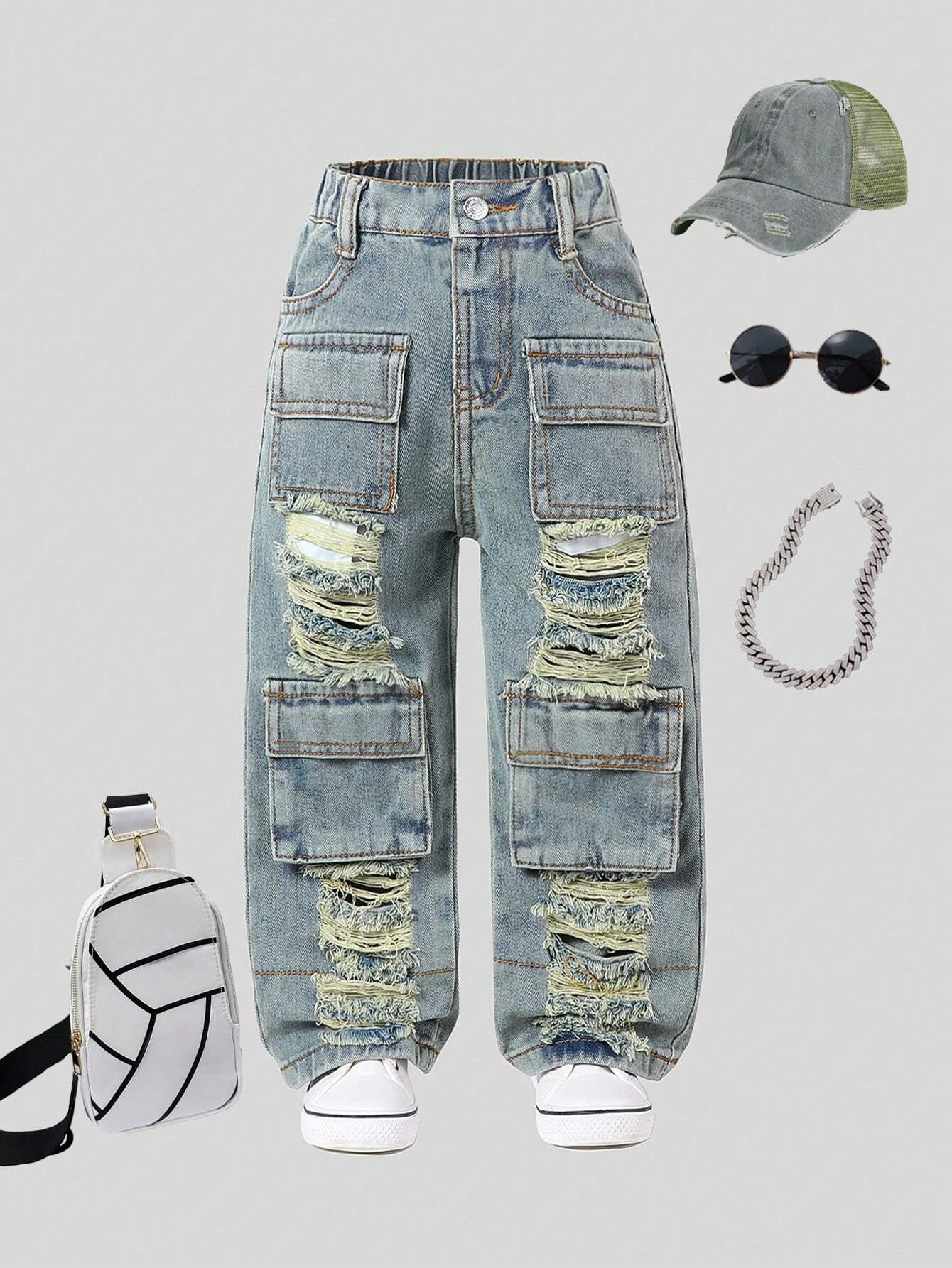 Streecool Kids Young Girls Vintage Streetwear Ripped Distressed Multi-Pockets Washed Light Blue Straight Leg Denim Cargo Pants