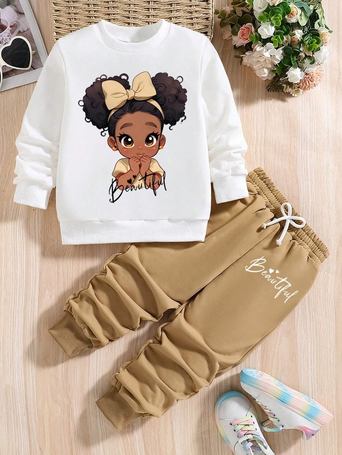 Young Girl Cartoon Pattern Crew Neck Sweatshirt and Sweatpants Set