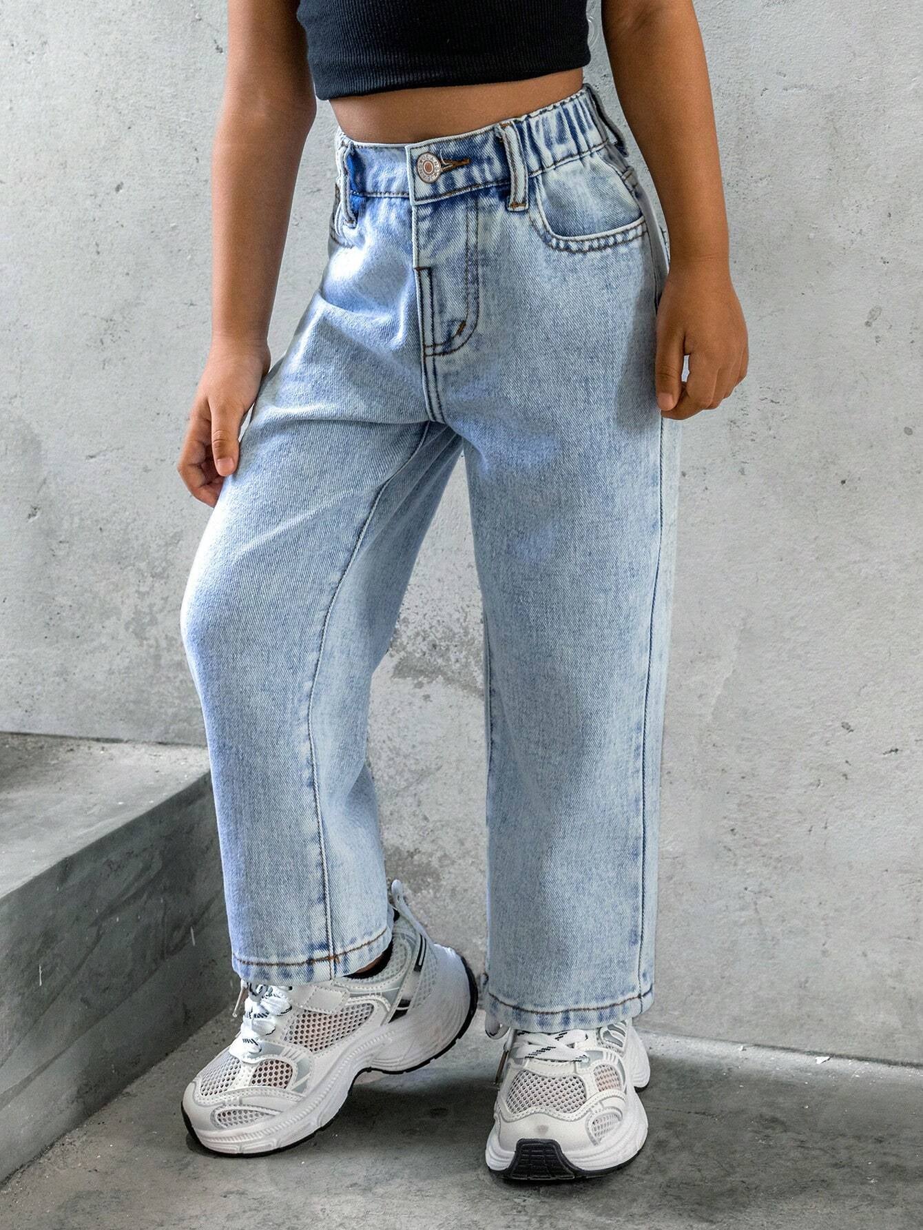 Streecool Kids Young Girls Fashionable Casual Washed Denim Straight-Leg Pants with Embroidered Back Pockets Wide Leg Jeans Kidsbaggy Jeans Young Girl Girls