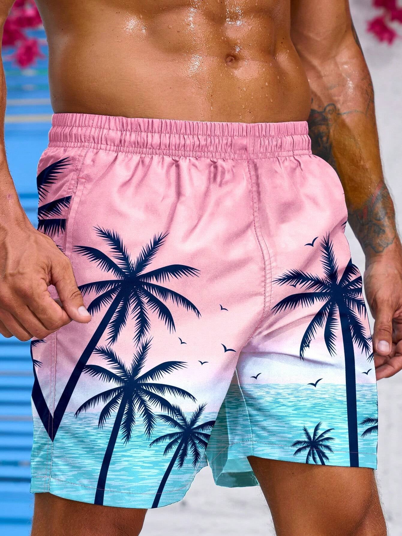 Manfinity Men'S Coconut Tree & Ocean Scenery Graphic Printed Beach Shorts Pool Shorts, for Beach, Vacation