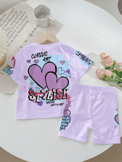 Young Girl round Neck Short Sleeve Heart Letter Print Top and Casual Street Style Shorts Set, Suitable for Summer