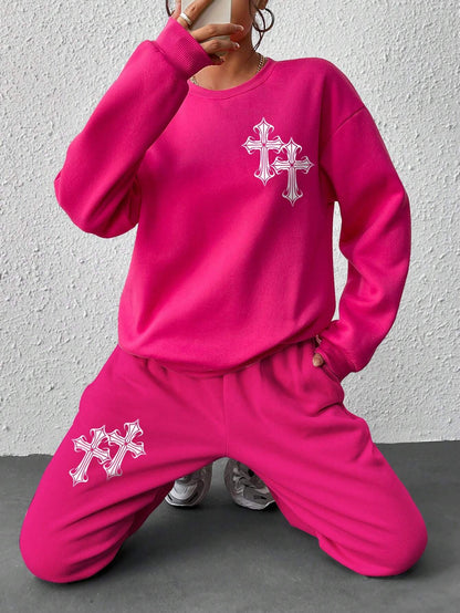 Women'S Cross Printed Long Sleeve Sweatshirt and Sweatpants Tracksuit Set