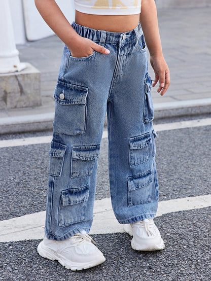 SLAYR KIDS Young Girl Pink Denim Loose Wide-Leg Pants Pink Cargo Pantskids Cargo Pants Girly2K Pants for Young Girl