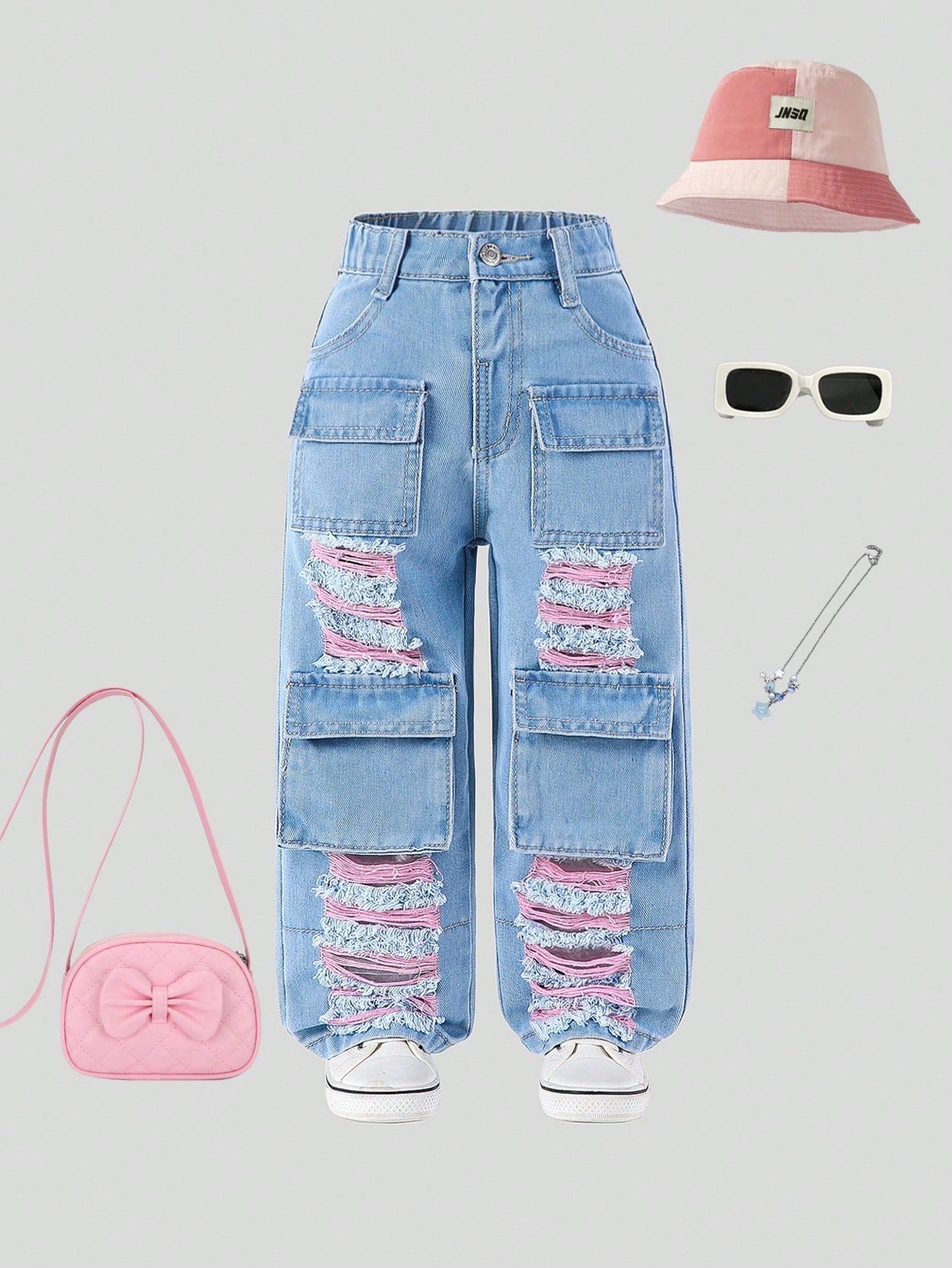 Streecool Kids Young Girls Vintage Streetwear Ripped Distressed Multi-Pockets Washed Light Blue Straight Leg Denim Cargo Pants