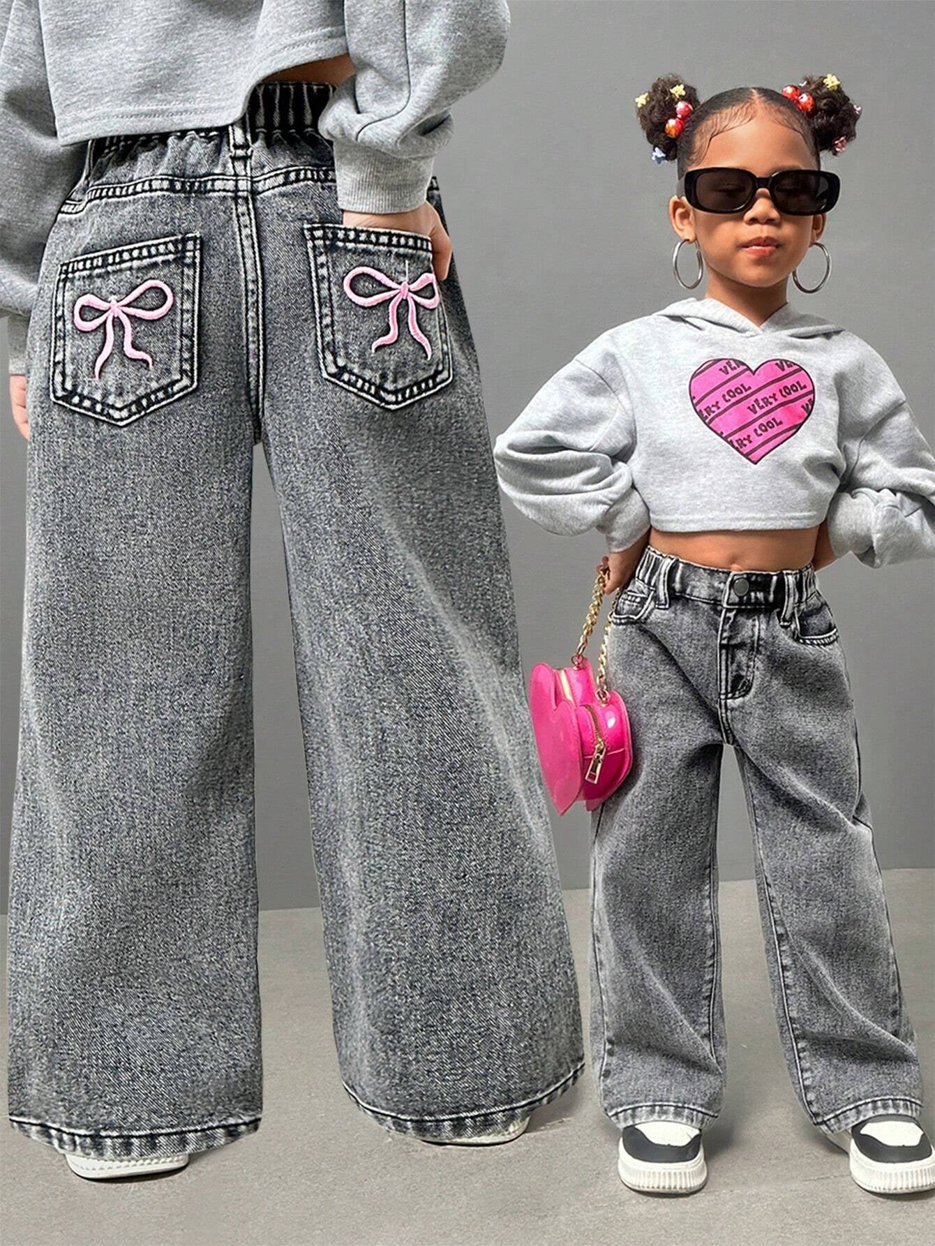 Streecool Kids Young Girls Fashionable Casual Washed Denim Straight-Leg Pants with Embroidered Back Pockets Wide Leg Jeans Kidsbaggy Jeans Young Girl Girls