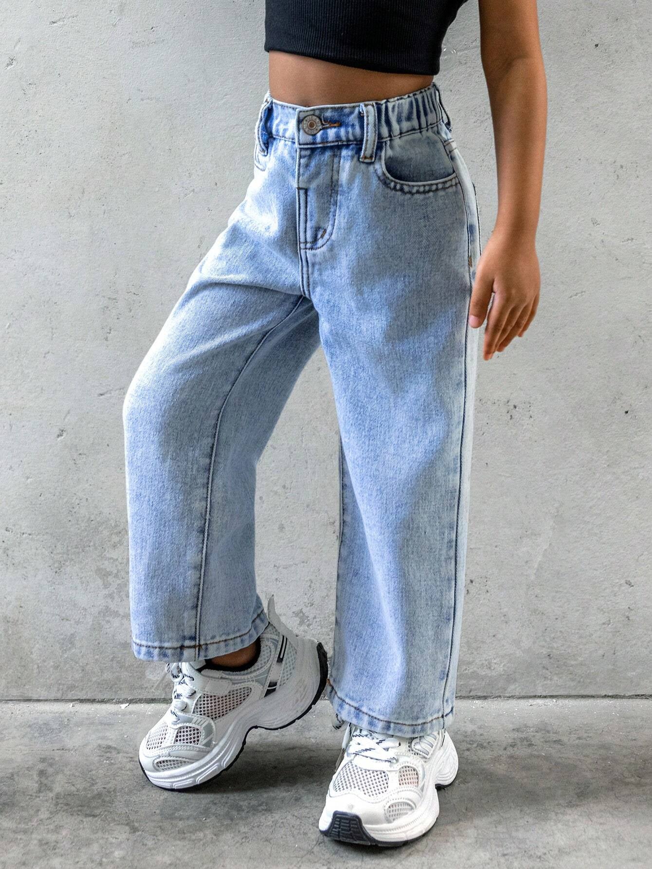 Streecool Kids Young Girls Fashionable Casual Washed Denim Straight-Leg Pants with Embroidered Back Pockets Wide Leg Jeans Kidsbaggy Jeans Young Girl Girls