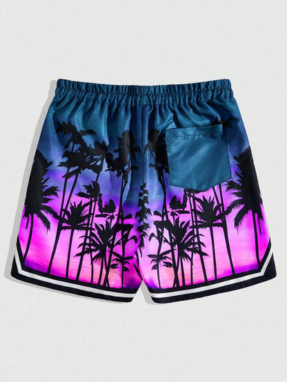 ROMWE Street Life Men'S Palm Tree & Letter Print Drawstring Waist Basketball Shorts