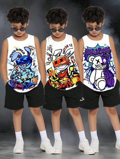 3Pcs/Set Tween Boys' Casual Graffiti Print Loose Fit Versatile Tank Tops, Suitable for Commuting, School, Daily Life, Sports, Spring/Summer