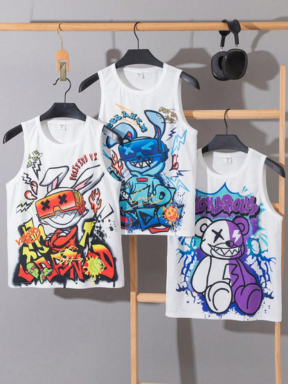 3Pcs/Set Tween Boys' Casual Graffiti Print Loose Fit Versatile Tank Tops, Suitable for Commuting, School, Daily Life, Sports, Spring/Summer