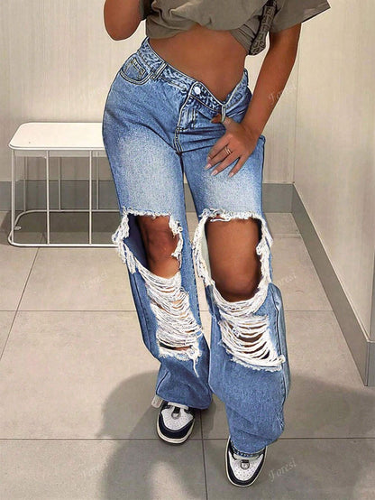 Cut Out Ripped Fringe Trim Straight Leg Jeans