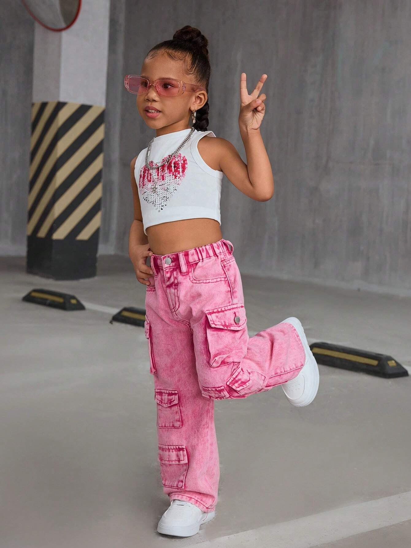 SLAYR KIDS Young Girl Pink Denim Loose Wide-Leg Pants Pink Cargo Pantskids Cargo Pants Girly2K Pants for Young Girl