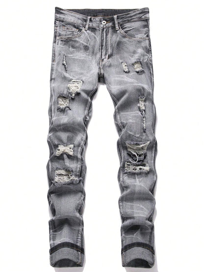 Manfinity LEGND Men'S Slim-Fit Denim Pants with Pockets and Distressed Design for Daily and Travel