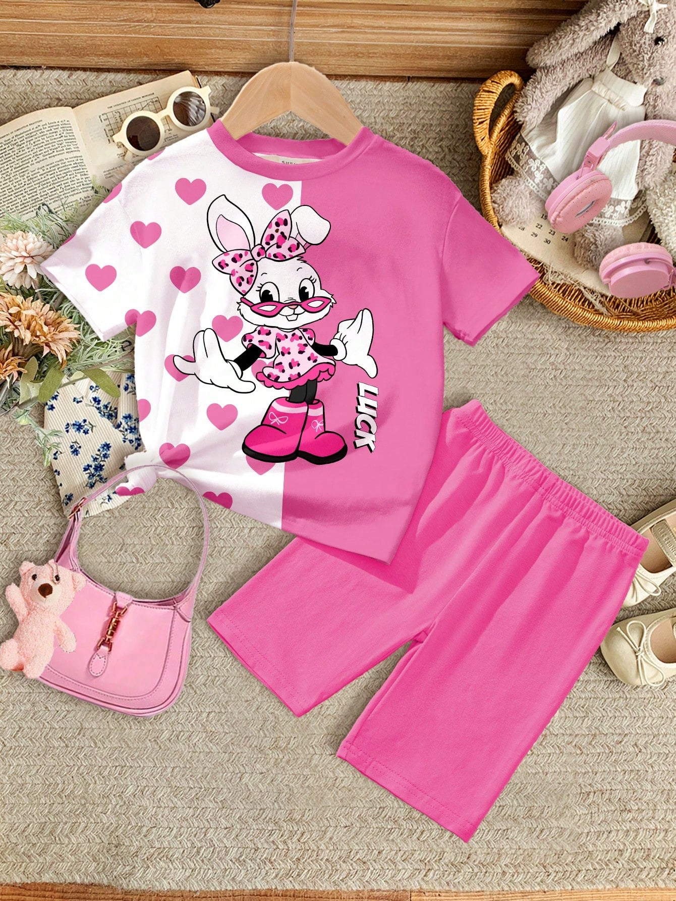 Young Girl round Neck Short Sleeve Heart Letter Print Top and Casual Street Style Shorts Set, Suitable for Summer