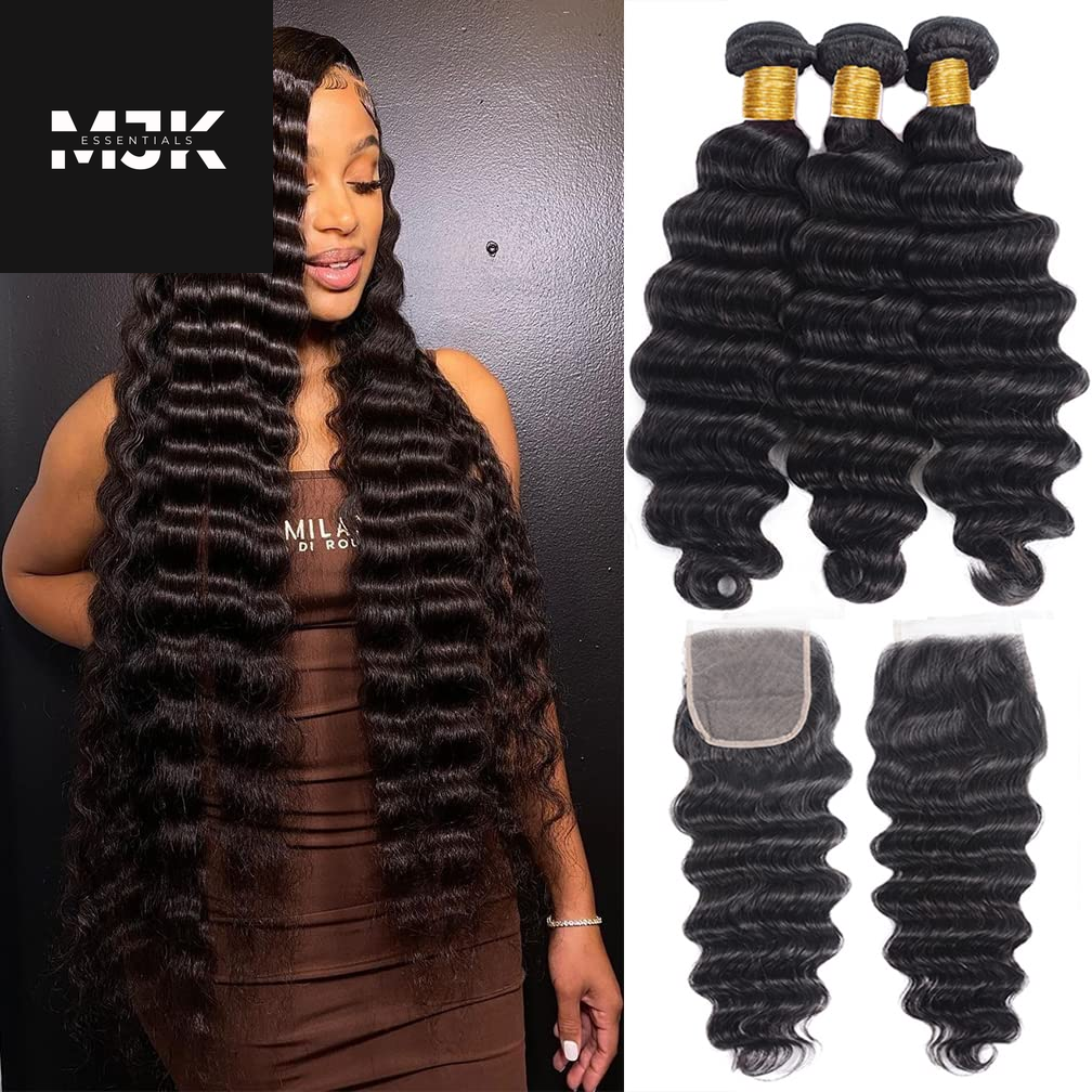 Loose Deep Wave Bundles Human Hair 4 Bundles 20 22 24 26 Inch 100% Unprocessed Brazilian Virgin Human Hair Bundles, Loose Deep Wave 4 Bundles, Can Be Dyed and Bleached Natural Black