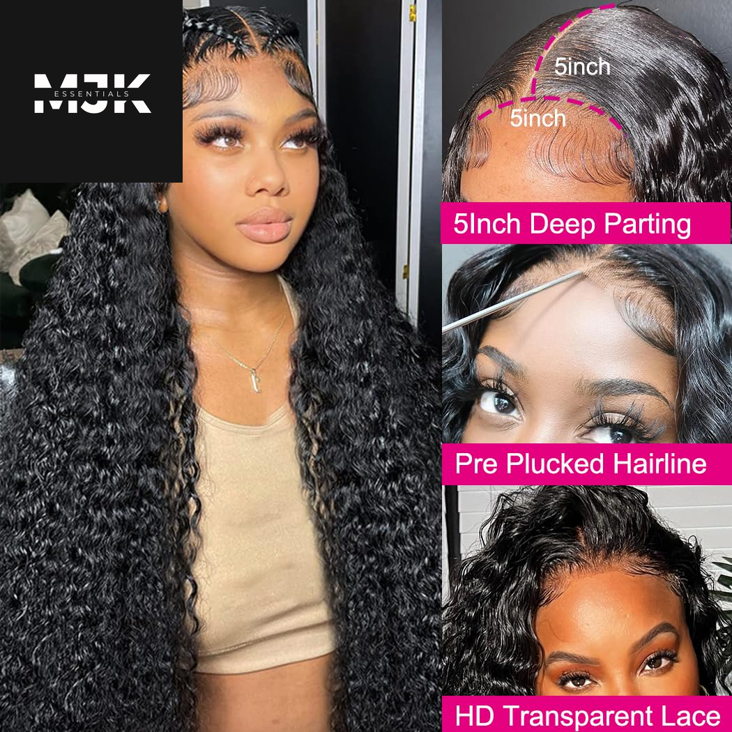 5X5 HD Lace Closure Glueless Wigs Human Hair Pre Plucked Brazilian Virgin Deep Wave Lace Front Wigs Human Hair 180% Density Closure Wig with Elastic Band Natural Hairline