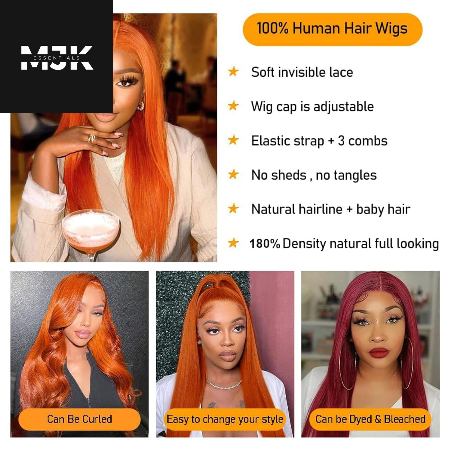 Ginger Orange Lace Front Wigs Human Hair 13X4 HD Straight Lace Front Wigs Human Hair 180% Density Colored Human Hair Wigs for Women Pre Plucked with Baby Hair 28 Inch