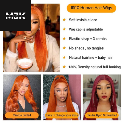 Ginger Orange Lace Front Wigs Human Hair 13X4 HD Straight Lace Front Wigs Human Hair 180% Density Colored Human Hair Wigs for Women Pre Plucked with Baby Hair 28 Inch