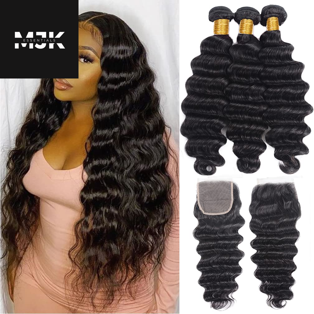 Loose Deep Wave Bundles Human Hair 4 Bundles 20 22 24 26 Inch 100% Unprocessed Brazilian Virgin Human Hair Bundles, Loose Deep Wave 4 Bundles, Can Be Dyed and Bleached Natural Black