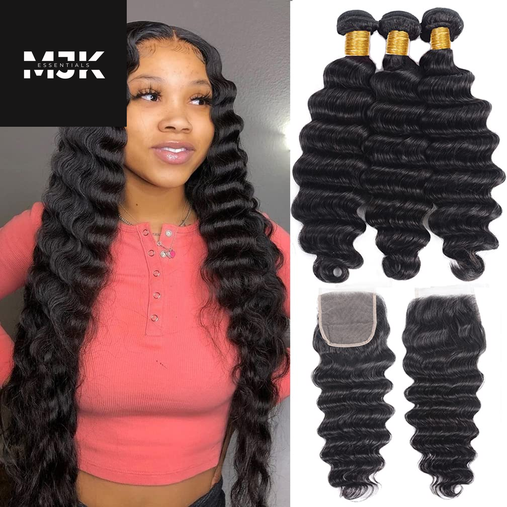 Loose Deep Wave Bundles Human Hair 4 Bundles 20 22 24 26 Inch 100% Unprocessed Brazilian Virgin Human Hair Bundles, Loose Deep Wave 4 Bundles, Can Be Dyed and Bleached Natural Black