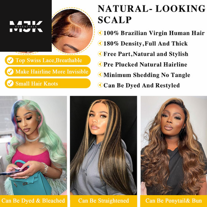 Highlight Ombre 13X6 Lace Front Wig Human Hair 28 Inch Body Wave Honey Blonde Glueless HD Transparent Lace Frontal Wigs for Women 180 Density Human Hair Pre Plucked with Baby Hair