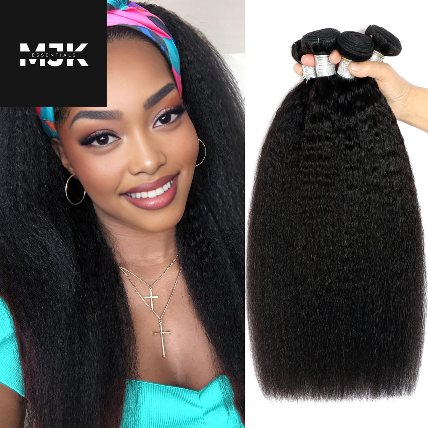 Kinky Straight Bundles Human Hair 18 20 22Inch Yaki Straight Bundles Human Hair 3Bundles Kinky Straight Human Hair Bundles 12A 100% Unprocessed Brazilian Virgin Remy Human Hair Extension Natural Color