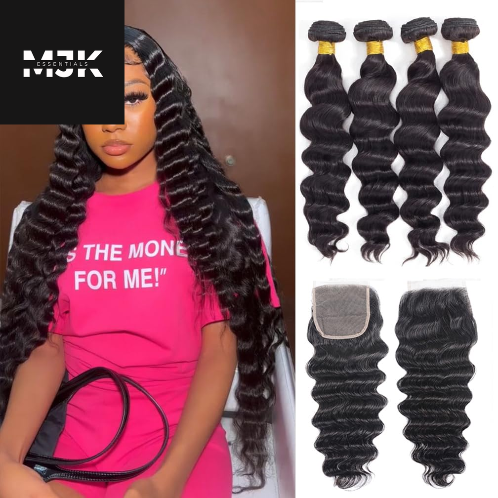 Loose Deep Wave Bundles Human Hair 4 Bundles 20 22 24 26 Inch 100% Unprocessed Brazilian Virgin Human Hair Bundles, Loose Deep Wave 4 Bundles, Can Be Dyed and Bleached Natural Black