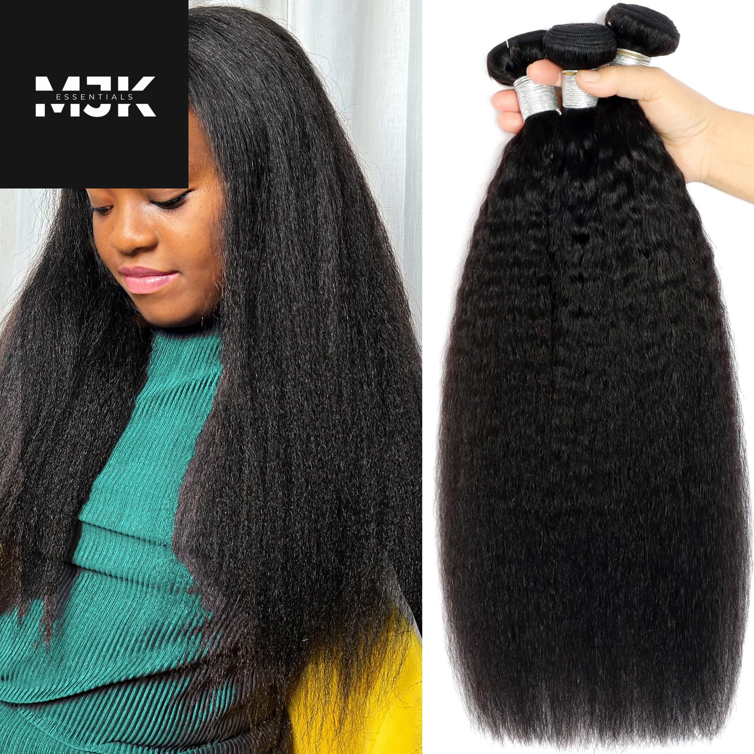 Kinky Straight Bundles Human Hair 18 20 22Inch Yaki Straight Bundles Human Hair 3Bundles Kinky Straight Human Hair Bundles 12A 100% Unprocessed Brazilian Virgin Remy Human Hair Extension Natural Color