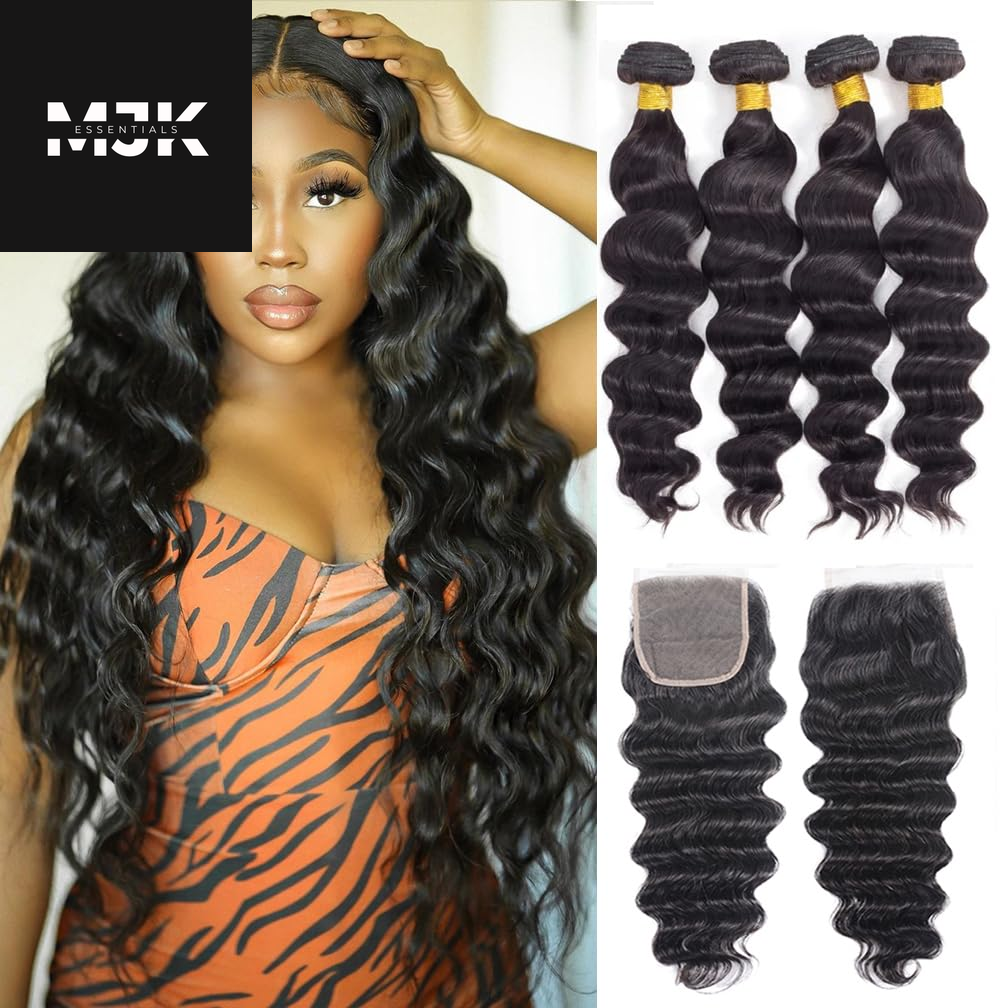 Loose Deep Wave Bundles Human Hair 4 Bundles 20 22 24 26 Inch 100% Unprocessed Brazilian Virgin Human Hair Bundles, Loose Deep Wave 4 Bundles, Can Be Dyed and Bleached Natural Black