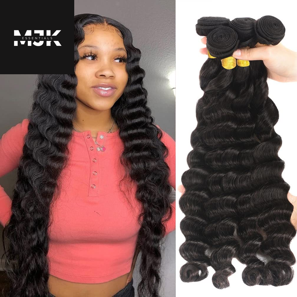 Loose Deep Wave Bundles Human Hair 4 Bundles 20 22 24 26 Inch 100% Unprocessed Brazilian Virgin Human Hair Bundles, Loose Deep Wave 4 Bundles, Can Be Dyed and Bleached Natural Black