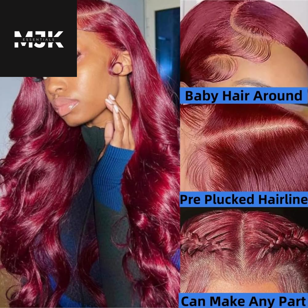 30 Inch 99J Burgundy Lace Front Wigs Human Hair Red Burgundy Wig Human Hair 13X4 HD Body Wave Lace Front Wigs Human Hair 180 Density Pre Plucked Glueless Frontal Wigs Human Hair for Women