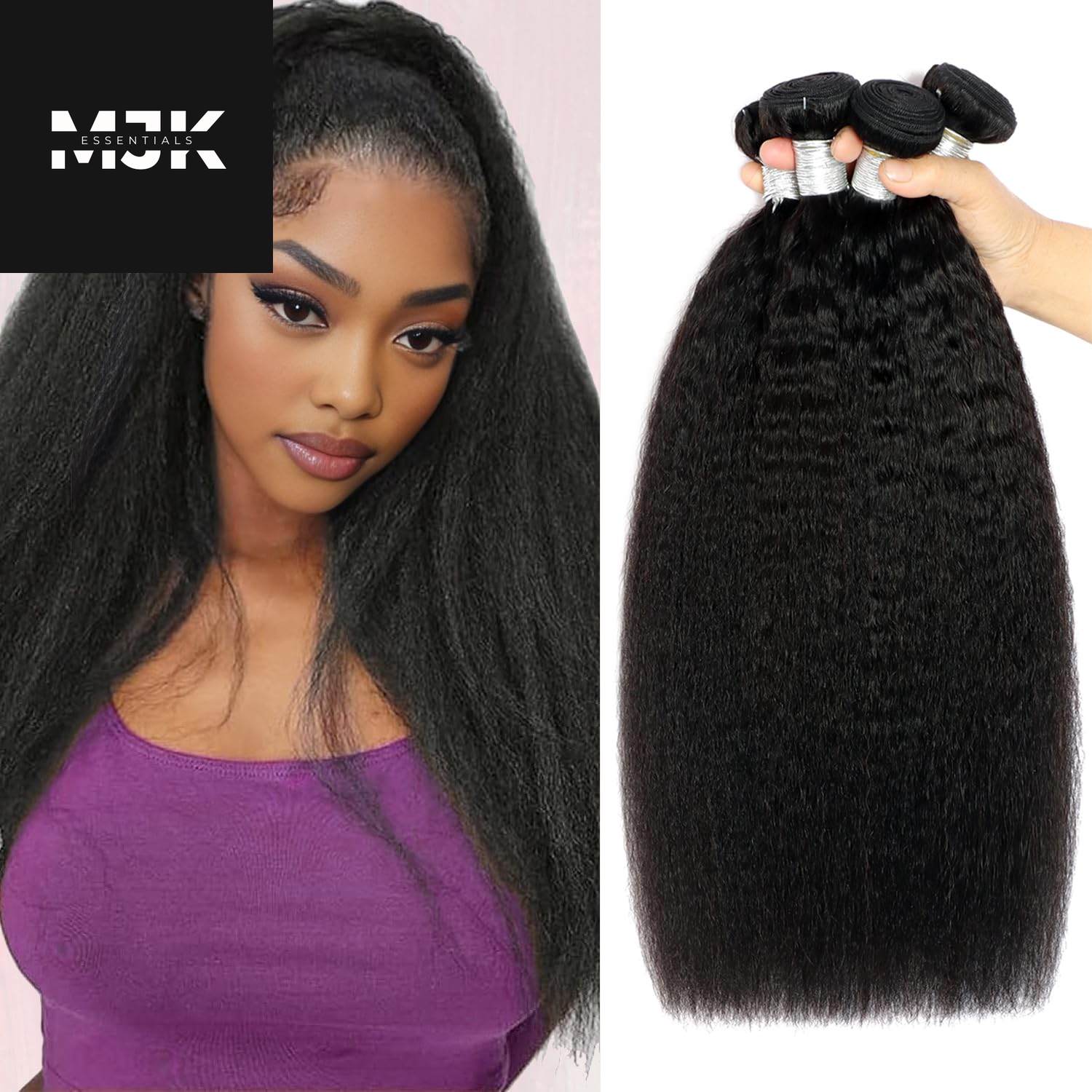 Kinky Straight Bundles Human Hair 18 20 22Inch Yaki Straight Bundles Human Hair 3Bundles Kinky Straight Human Hair Bundles 12A 100% Unprocessed Brazilian Virgin Remy Human Hair Extension Natural Color