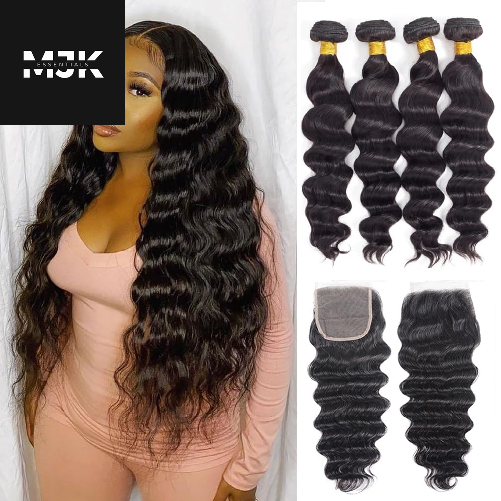 Loose Deep Wave Bundles Human Hair 4 Bundles 20 22 24 26 Inch 100% Unprocessed Brazilian Virgin Human Hair Bundles, Loose Deep Wave 4 Bundles, Can Be Dyed and Bleached Natural Black