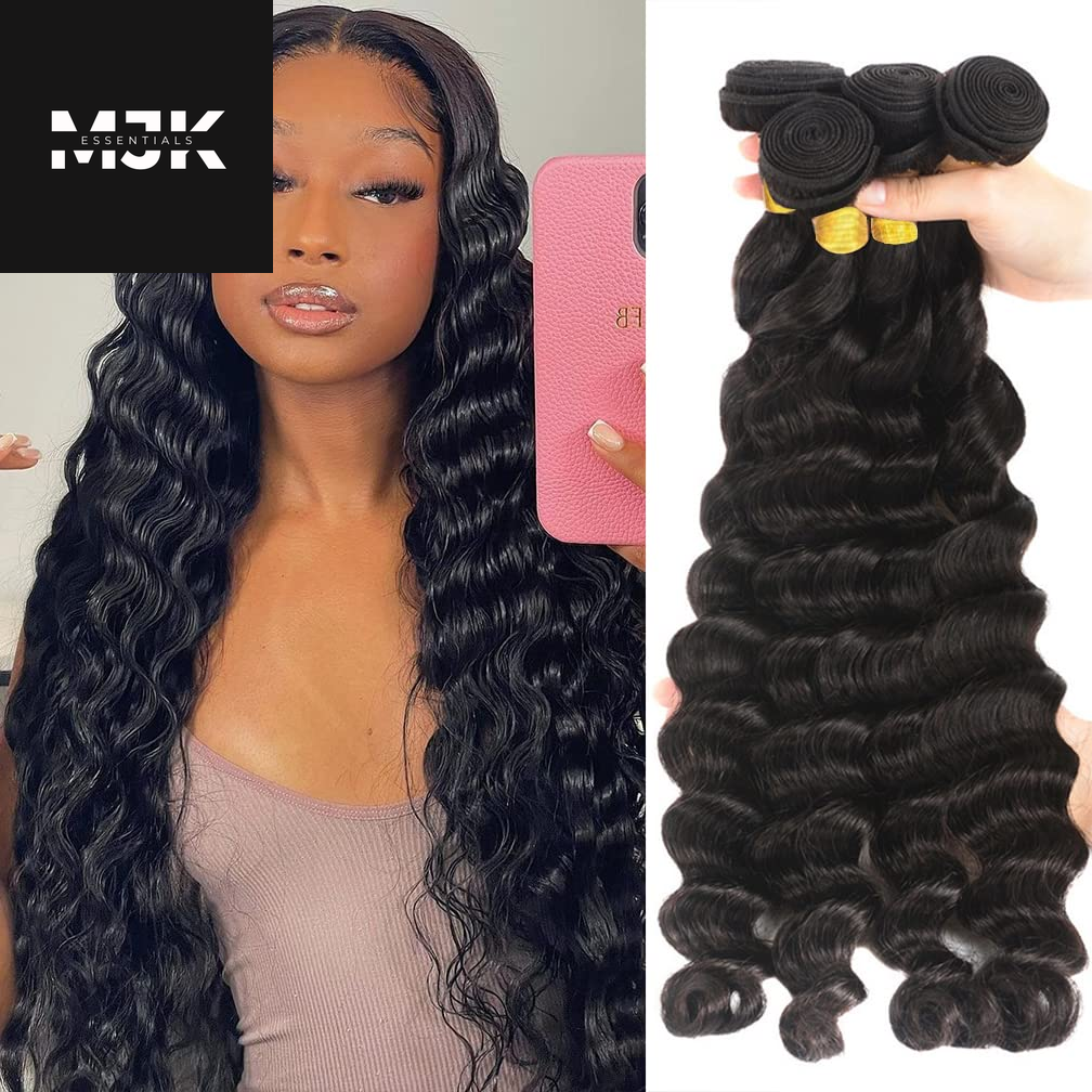 Loose Deep Wave Bundles Human Hair 4 Bundles 20 22 24 26 Inch 100% Unprocessed Brazilian Virgin Human Hair Bundles, Loose Deep Wave 4 Bundles, Can Be Dyed and Bleached Natural Black