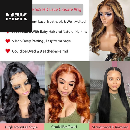 Closure Wigs Human Hair Body Wave 5X5 HD Lace Closure Wigs Human Hair Pre Plucked with Baby Hair 180% Density Brazilian Virgin Human Hair Wigs for Black Women Natural Color (Body Wave Wig, 24 Inch)