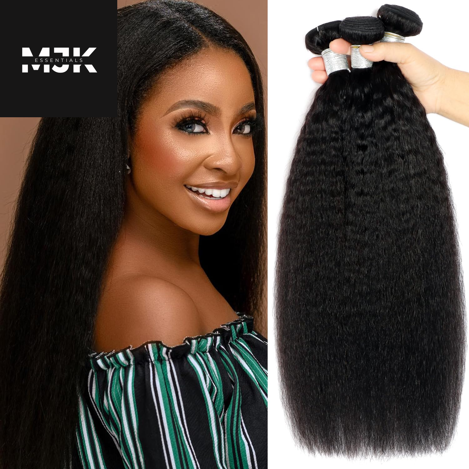 Kinky Straight Bundles Human Hair 18 20 22Inch Yaki Straight Bundles Human Hair 3Bundles Kinky Straight Human Hair Bundles 12A 100% Unprocessed Brazilian Virgin Remy Human Hair Extension Natural Color