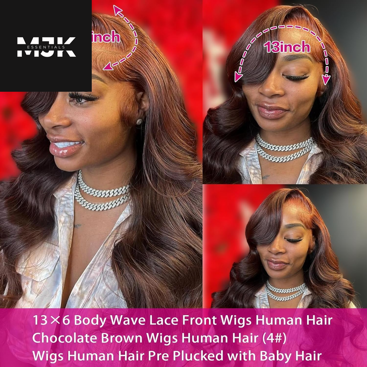 30Inch 13X6 Chocolate Brown Body Wave Lace Front Wigs Human Hair Pre Plucked with Baby Hair 180% Density Full Lace Human Hair Wigs HD Transparent Lace Frontal Wigs for Women Colored Wigs