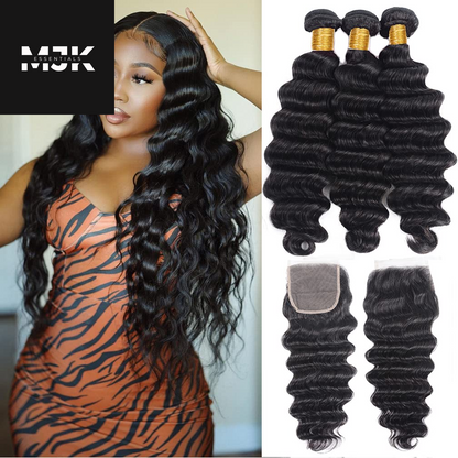 Loose Deep Wave Bundles Human Hair 4 Bundles 20 22 24 26 Inch 100% Unprocessed Brazilian Virgin Human Hair Bundles, Loose Deep Wave 4 Bundles, Can Be Dyed and Bleached Natural Black