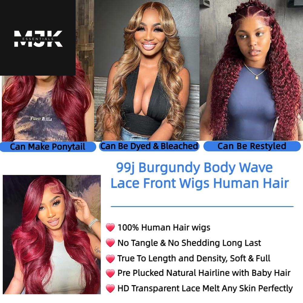 30 Inch 99J Burgundy Lace Front Wigs Human Hair Red Burgundy Wig Human Hair 13X4 HD Body Wave Lace Front Wigs Human Hair 180 Density Pre Plucked Glueless Frontal Wigs Human Hair for Women