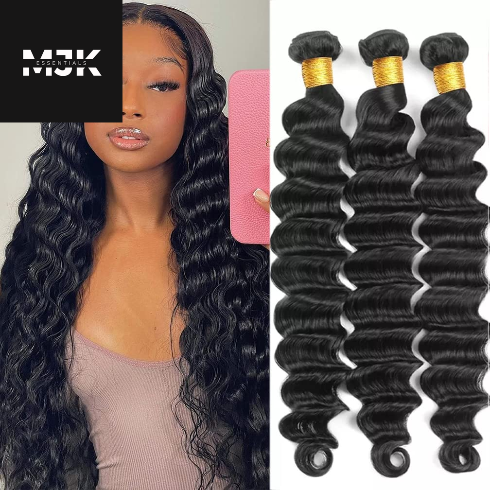 Loose Deep Wave Bundles Human Hair 4 Bundles 20 22 24 26 Inch 100% Unprocessed Brazilian Virgin Human Hair Bundles, Loose Deep Wave 4 Bundles, Can Be Dyed and Bleached Natural Black