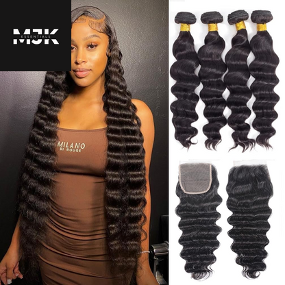 Loose Deep Wave Bundles Human Hair 4 Bundles 20 22 24 26 Inch 100% Unprocessed Brazilian Virgin Human Hair Bundles, Loose Deep Wave 4 Bundles, Can Be Dyed and Bleached Natural Black