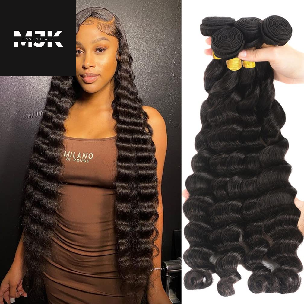 Loose Deep Wave Bundles Human Hair 4 Bundles 20 22 24 26 Inch 100% Unprocessed Brazilian Virgin Human Hair Bundles, Loose Deep Wave 4 Bundles, Can Be Dyed and Bleached Natural Black