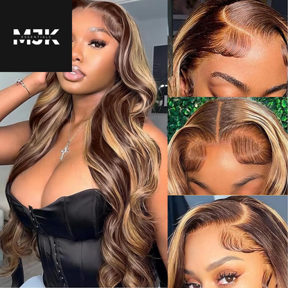 Highlight Ombre 13X6 Lace Front Wig Human Hair 28 Inch Body Wave Honey Blonde Glueless HD Transparent Lace Frontal Wigs for Women 180 Density Human Hair Pre Plucked with Baby Hair