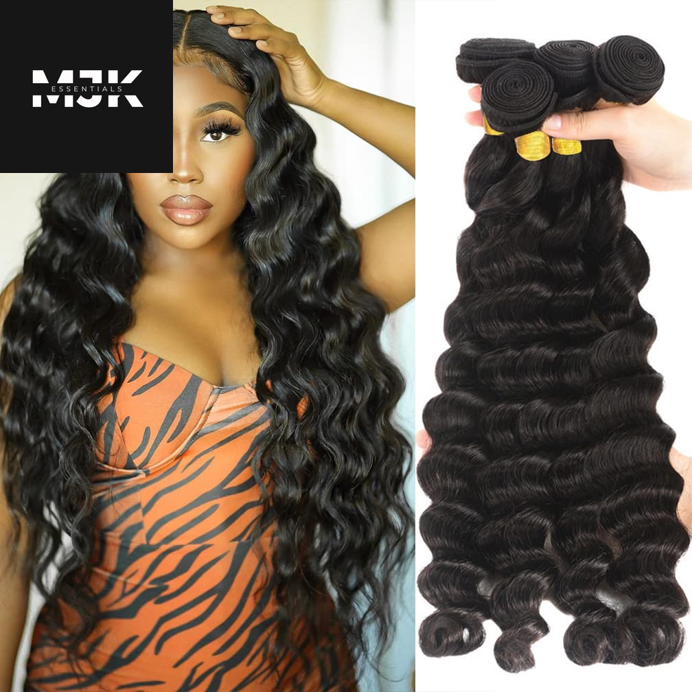 Loose Deep Wave Bundles Human Hair 4 Bundles 20 22 24 26 Inch 100% Unprocessed Brazilian Virgin Human Hair Bundles, Loose Deep Wave 4 Bundles, Can Be Dyed and Bleached Natural Black