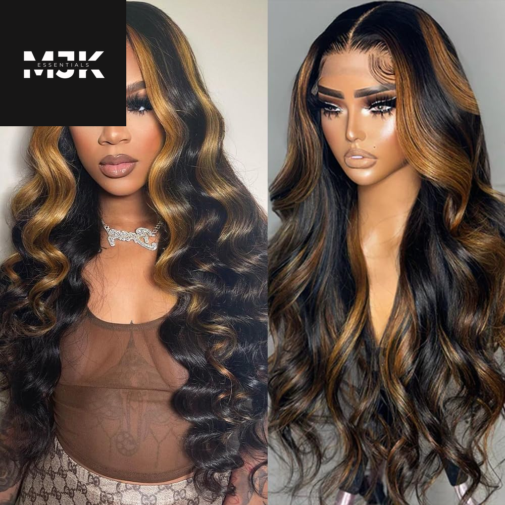 28 Inch Ombre Lace Front Wig Human Hair 1B/30 Body Wave Highlight Lace Front Wigs Human Hair Colored 13X4 Ombre Brown Wig Human Hair 200% Density Glueless HD Lace Frontal Wigs Human Hair